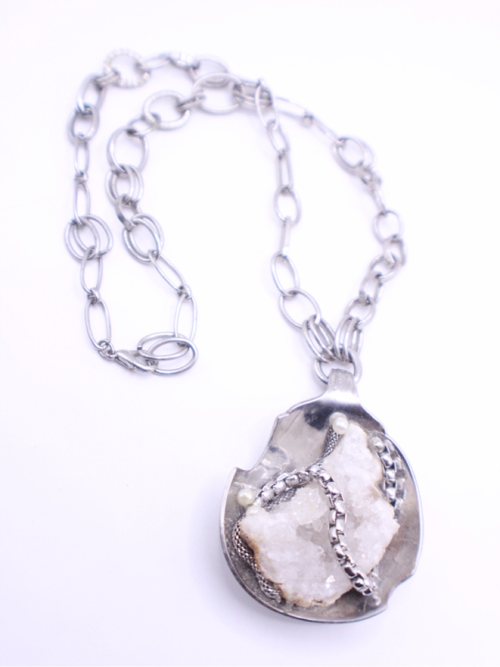 Artisan made Silver spoon Druzy Pendant Necklace 24”